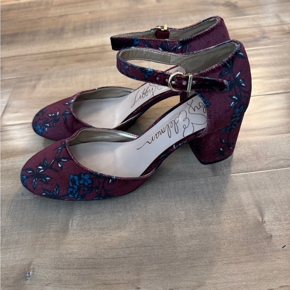 Libby Edelman Heels Women’s 8 Jessica Burgundy Floral Buckle Ankle - Picture 4 of 7